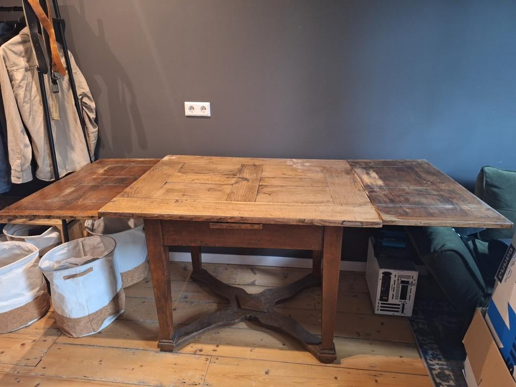 Antieke eiken uitschuiftafel - Brocante X-onderstel, Ophalen