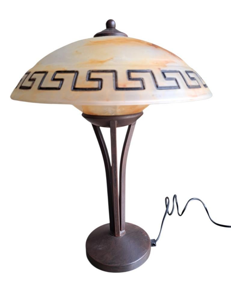 Art Deco Tafellamp met Grieks Patroon, 50 tot 75 cm, Ophalen of Verzenden, Zo goed als nieuw, Glas