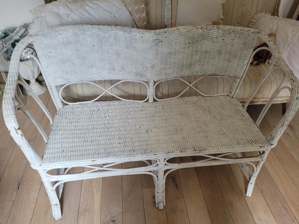 Vintage Frans rieten bankje, Antiek en Kunst, Ophalen
