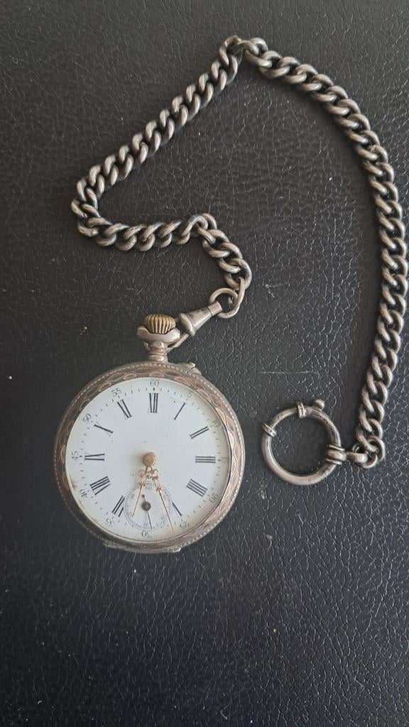 Zilveren zakhorloge met zilveren horlogeketting, Sieraden, Tassen en Uiterlijk, Horloges | Antiek, Ophalen of Verzenden