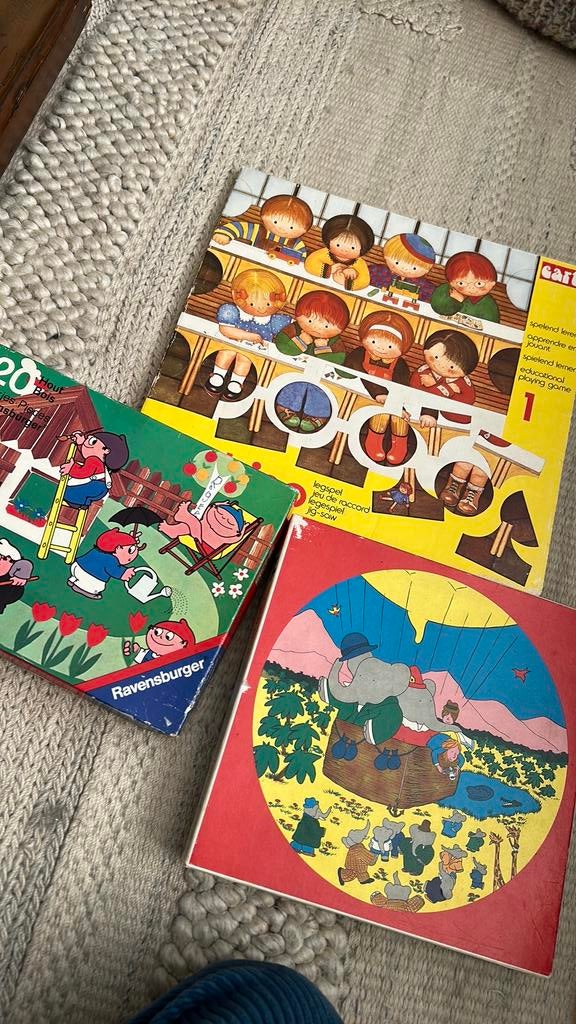 3 vintage puzzels Mainzelmännchen Babar combino, Ophalen of Verzenden, 10 tot 50 stukjes, Zo goed als nieuw