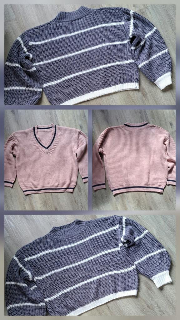 2 truitjes, grijs gestreept en roze V-hals, Ophalen of Verzenden, Zo goed als nieuw, Roze, Maat 36 (S)