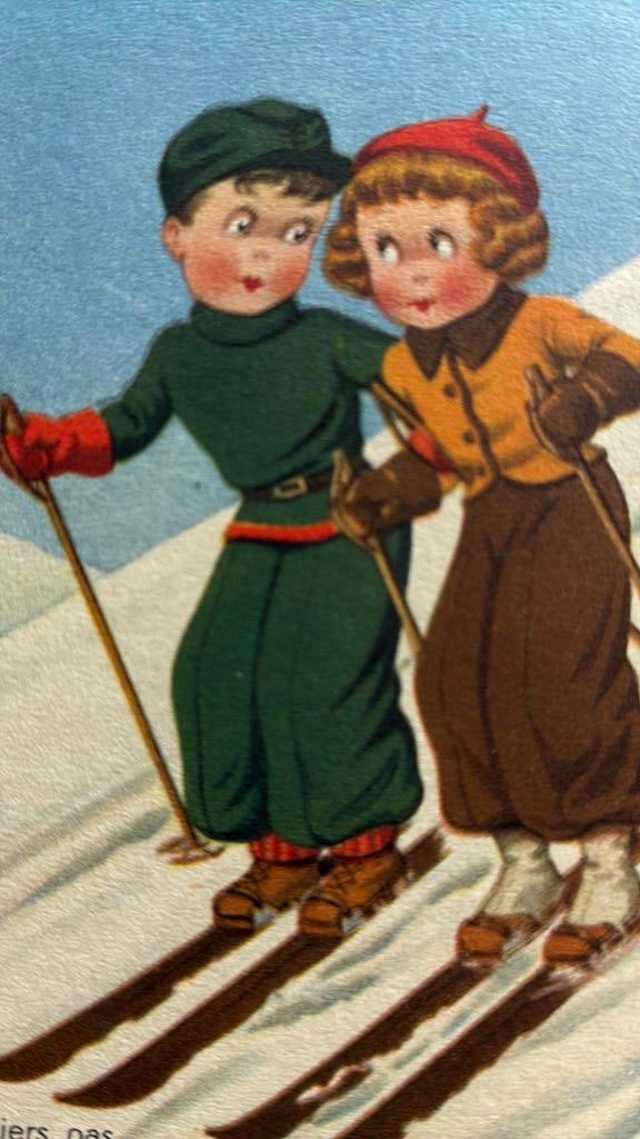 Kinderen. De eerste stappen op de ski’s, Verzamelen, Ansichtkaarten | Themakaarten, Ophalen of Verzenden, Ongelopen, Kinderen