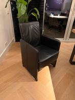6 zwarte lederen eetkamerstoelen met wieltjes, Huis en Inrichting, Stoelen, Ophalen, Gebruikt, Zwart, Leer
