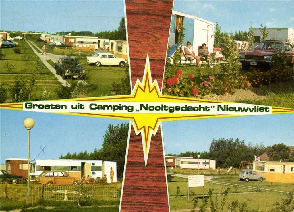 Groeten uit Camping Nooitgedacht Nieuwvliet - 4 afb - 1975 g, Ophalen of Verzenden, Voor 1920, Gelopen, Noord-Brabant