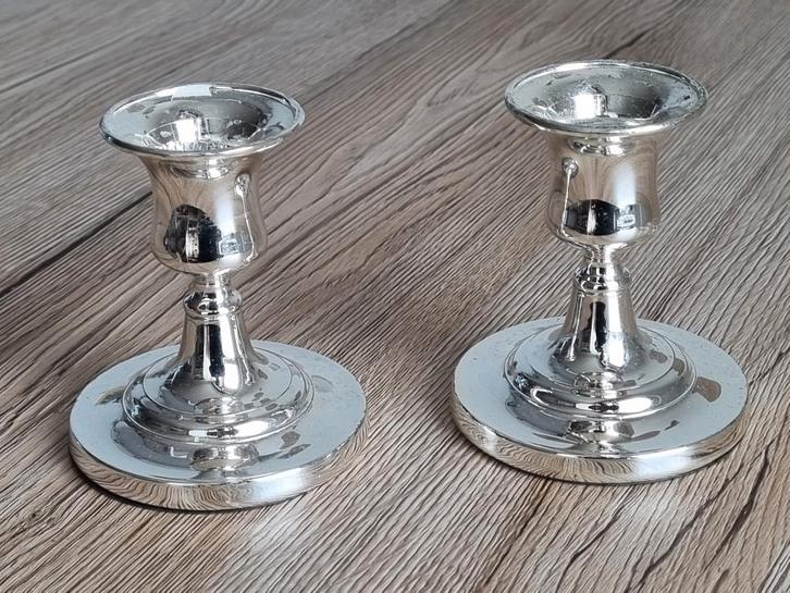 2 Mooie Vintage Silver plated Metal Kandelaars Groen Fluweel, Huis en Inrichting, Woonaccessoires | Kandelaars en Kaarsen, Gebruikt