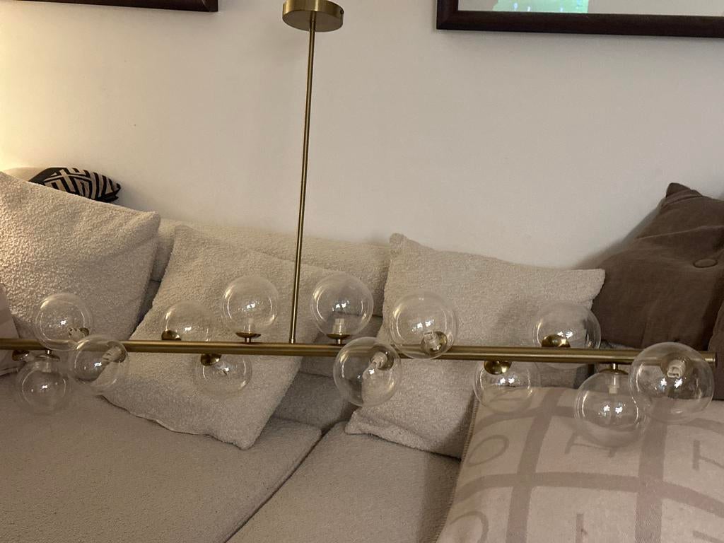 Moderne gouden hanglamp met glazen bollen, Ophalen of Verzenden, Zo goed als nieuw, Glas, 75 cm of meer