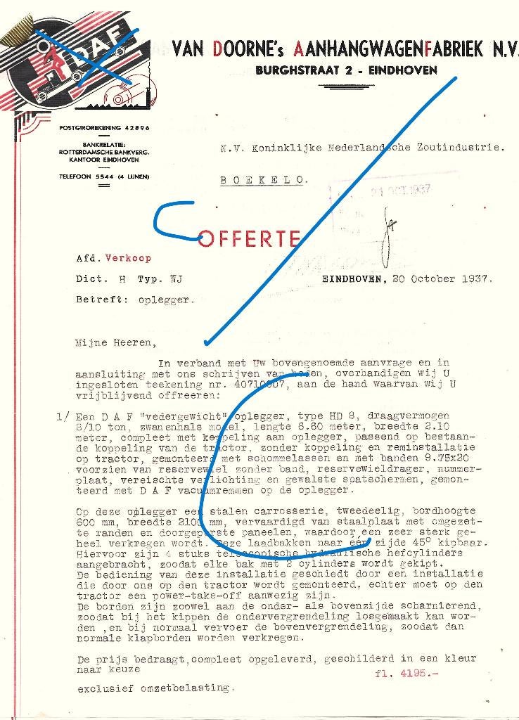 DAF 1937 oplegger offerte vrachtwagen camion LKW truck, Ophalen of Verzenden, Zo goed als nieuw, Overige merken