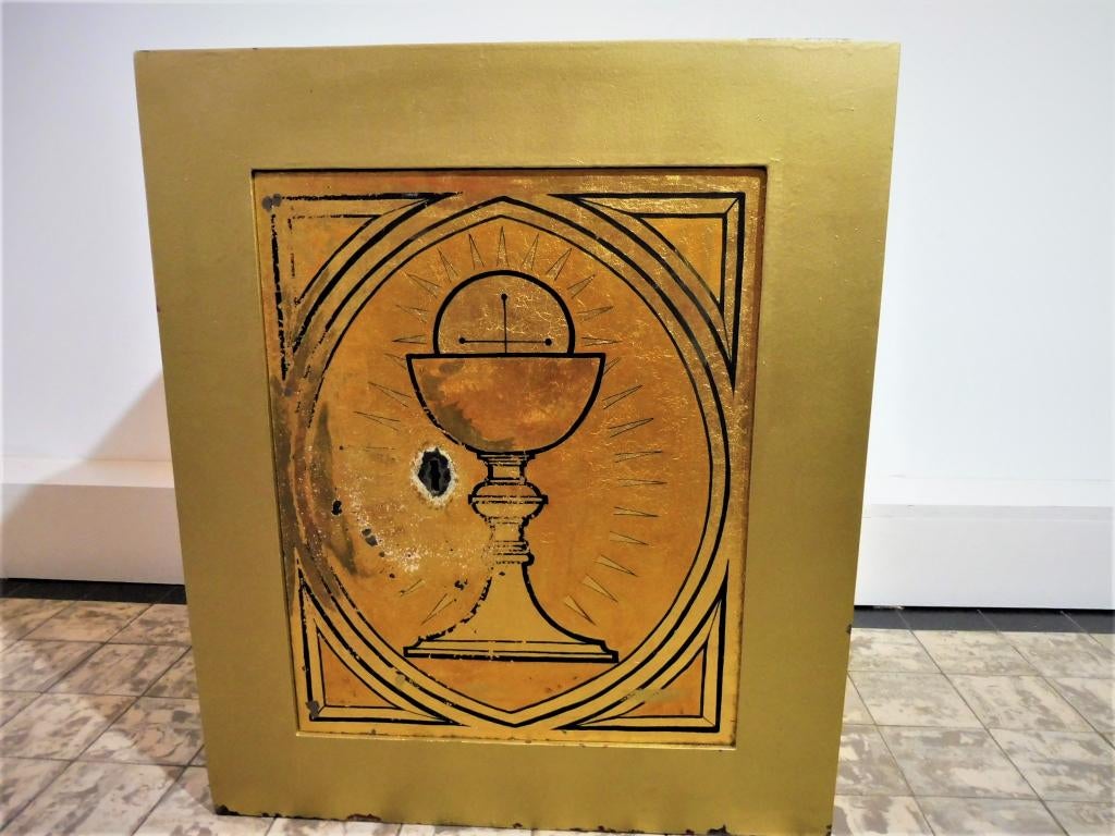 Gouden tabernakel kluis / sacramentshuis met kelk bladgoud, Antiek en Kunst, Ophalen