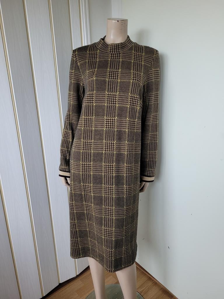 Josephine & Co Jurk Pied de Poule Maat 42/44, Kleding | Dames, Jurken, Zo goed als nieuw, Maat 42/44 (L), Bruin, Onder de knie