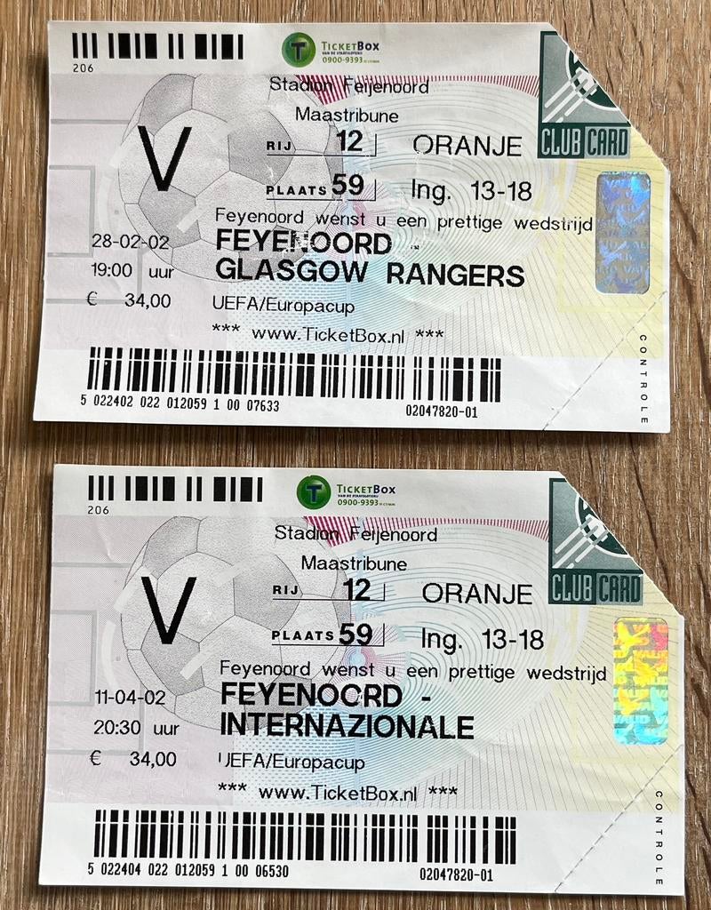 2 x toegangskaartje Feijenoord Europacup III, 2001/02, Verzamelen, Ophalen of Verzenden, Gebruikt, Feyenoord