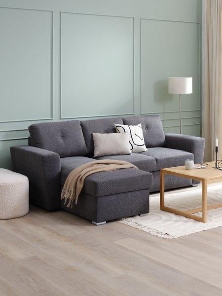 Jysk VEJLBY Slaapbank chaise longue donkergrijze stof, Ophalen, 100 tot 125 cm, Driepersoons, Zo goed als nieuw