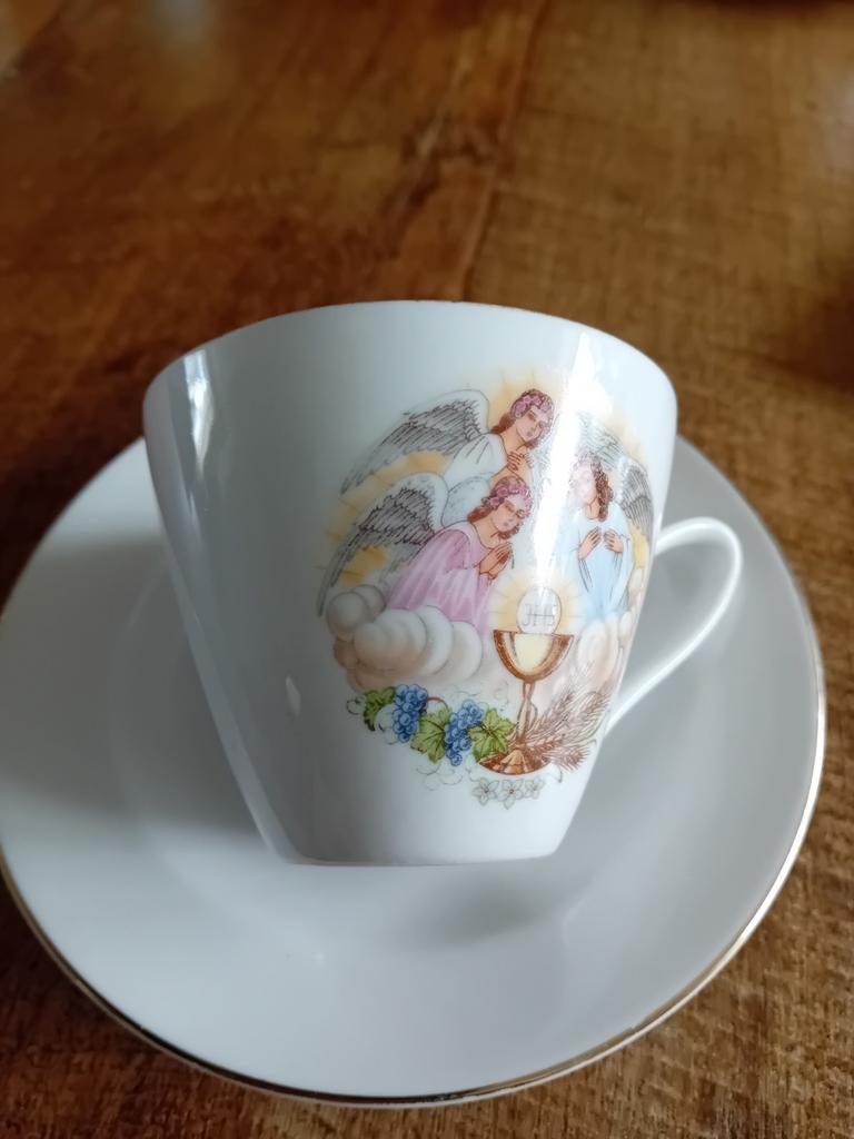 Communie kop en schotel met engelen decoratie, Ophalen of Verzenden