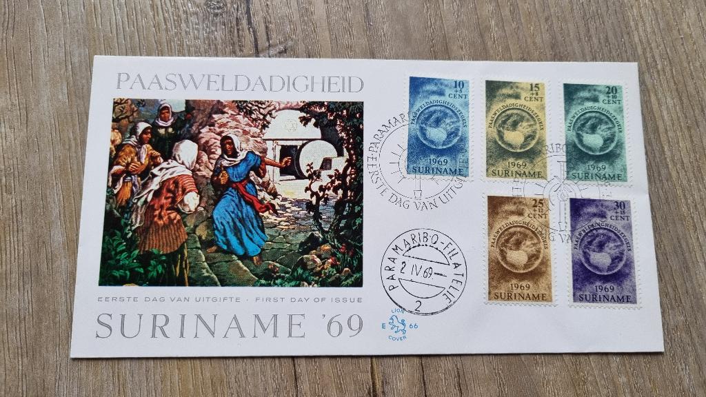 FDC Suriname Paasweldadigheid E66 1969, Postzegels en Munten, Postzegels | Eerstedagenveloppen, Ophalen of Verzenden, Onbeschreven