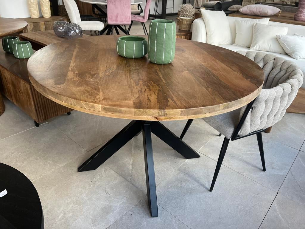 Magazijn leegverkoop nieuw ronde eettafel mangohout matrix, Huis en Inrichting, Tafels | Eettafels, Overige houtsoorten, Rond