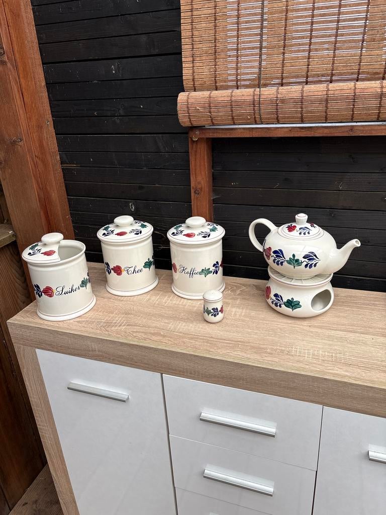 Boerenbont theepot met theelicht en voorraadpotten, Huis en Inrichting, Keuken | Servies, Gebruikt, Overige typen, Ophalen of Verzenden