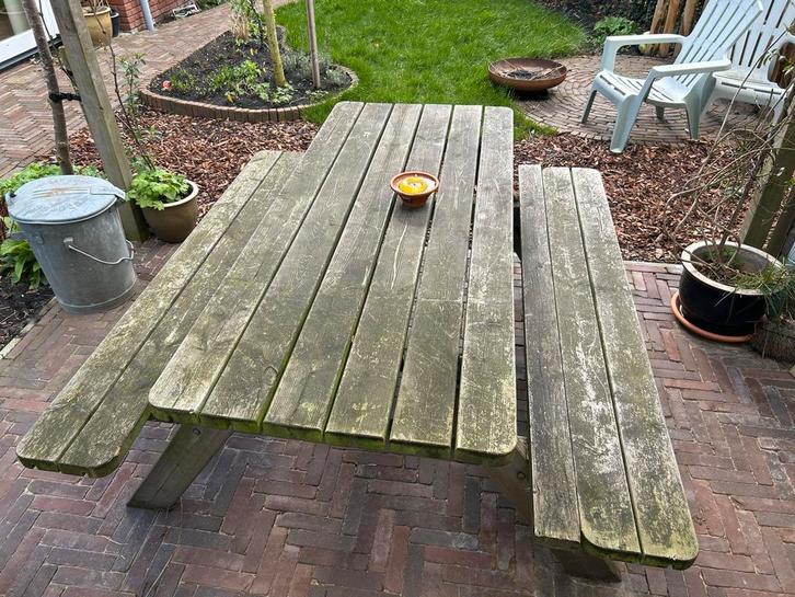 Stevige houten picknicktafel, Tuin en Terras, Picknicktafels, Gebruikt, Rechthoekig, Hout, Inklapbaar, Ophalen