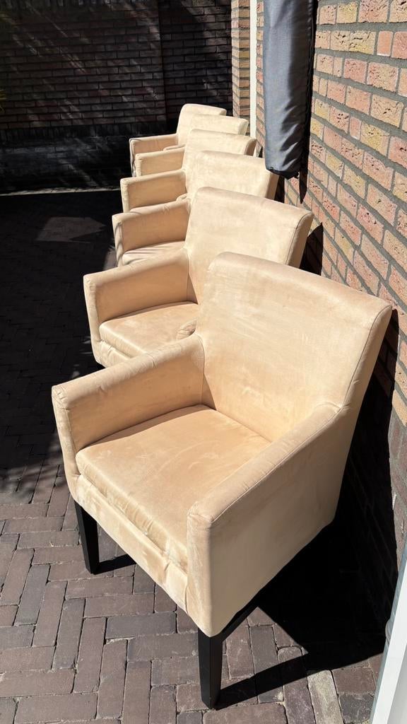 6 stuks eetkamerstoelen in ecru alcantarastof, Gebruikt, Overige kleuren, Ophalen of Verzenden, Stof