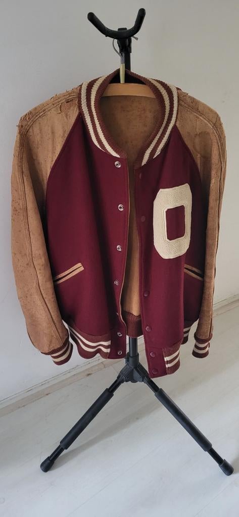 Vintage Bordeauxrode college jacket met leren mouwen, Ophalen of Verzenden, Gedragen
