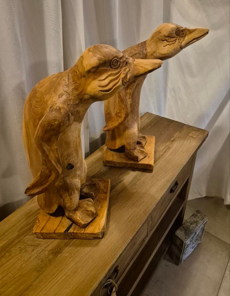 Handgesneden Houten Pinguïn Set - Unieke Decoratie, Tuin en Terras, Tuinbeelden, Ophalen of Verzenden, Nieuw, Hout, Dierenbeeld