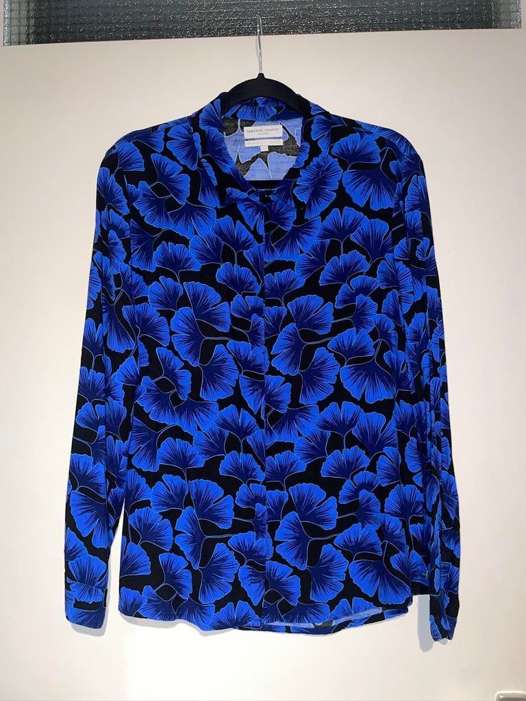 Fabienne Chapot zwart blauwe ginkgo print blouse top mt L, Ophalen of Verzenden, Zo goed als nieuw, Maat 42/44 (L), Blauw