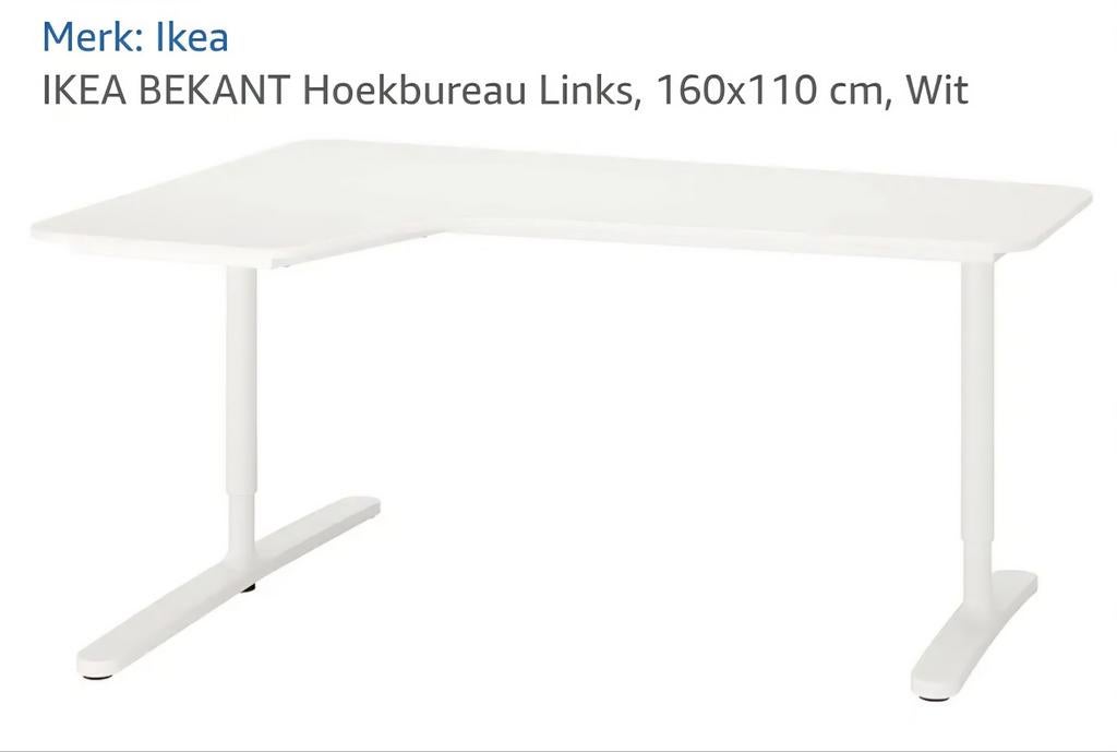 IKEA BEKANT Hoekbureau Links, 160x110 cm, Wit, Huis en Inrichting, Ophalen, Spaanplaat of MDF, Hoekbureau, In hoogte verstelbaar