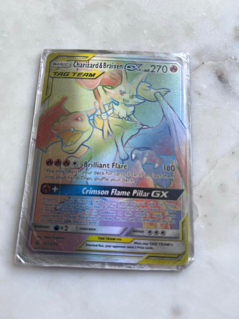 Pokémon Kaart: Charizard & Braixen GX TAG TEAM (251/236), Ophalen, Zo goed als nieuw, Losse kaart, Foil