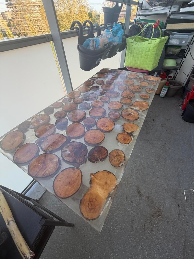 Unieke epoxy tafel met houten schijven, Ophalen, 50 tot 100 cm, Zo goed als nieuw, 150 tot 200 cm