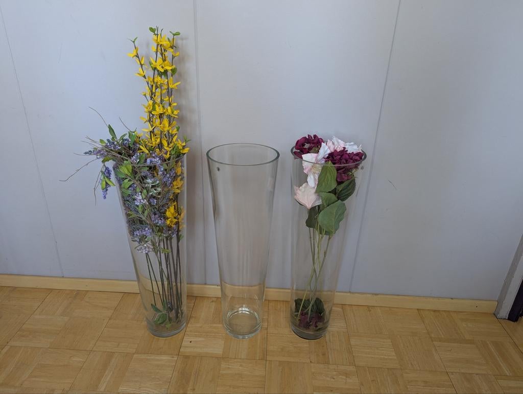 3 glazen vazen incl kunst bloemen, Huis en Inrichting, Woonaccessoires | Droogbloemen, Ophalen