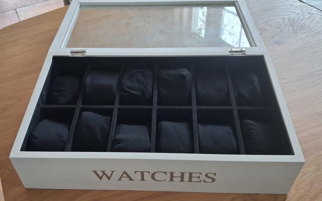 Witte houten horlogedoos voor 12 horloges, Sieraden, Tassen en Uiterlijk, Overige Accessoires, Ophalen of Verzenden