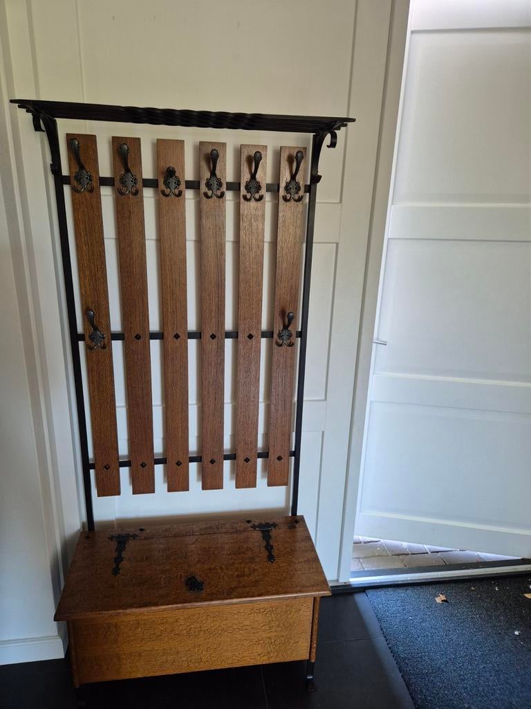 Vintage kapstok met bankje en opbergruimte, Wandkapstok, Gebruikt, Ophalen of Verzenden, 150 tot 200 cm