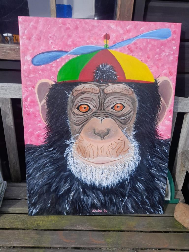 Vrolijke Chimpanse Handgeschilderd Kunst, Antiek en Kunst, Ophalen
