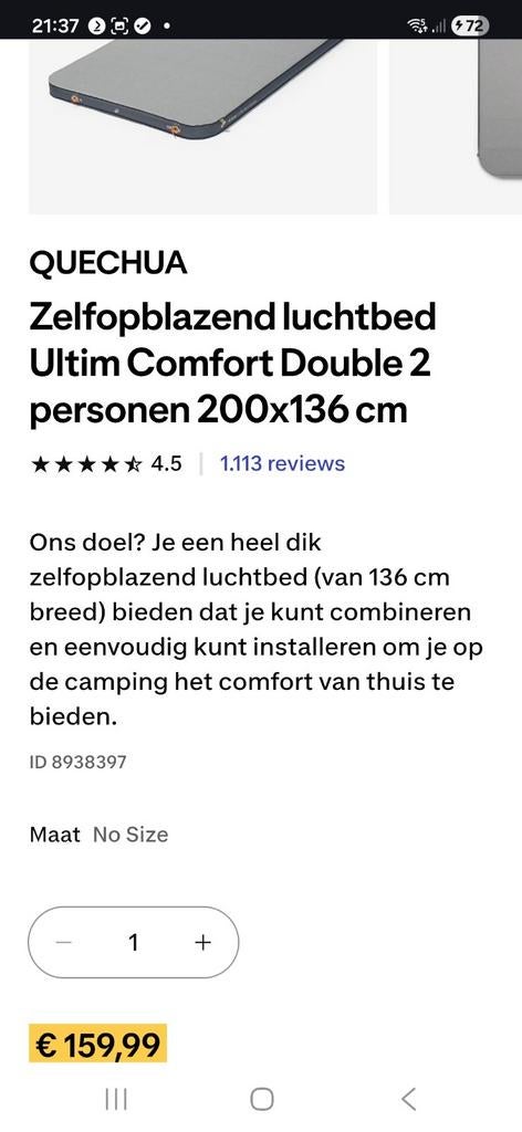 Zelfopblaasbaar matras Ultim Comfort Double 2-persoons, Caravans en Kamperen, Luchtbedden, Ophalen, Gebruikt, 2-persoons