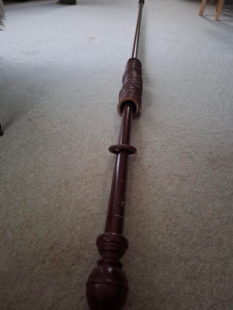 Mooie houten gordijnroede met 26 ringen en 3 steunen, Ophalen, Gebruikt, Bruin, Klassiek