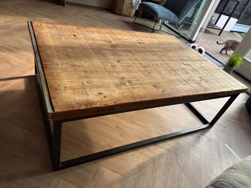 Salontafel van steenschot met staalframe, Ophalen, 100 tot 150 cm, 50 tot 100 cm, Zo goed als nieuw