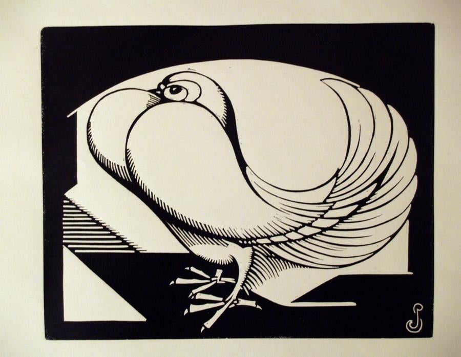 Jan Schonk Art Deco lino / houtsnede sierduif, Ophalen of Verzenden