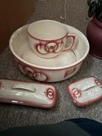 Vintage waskom en kan met deksels - rood/wit/groen, Antiek en Kunst, Ophalen