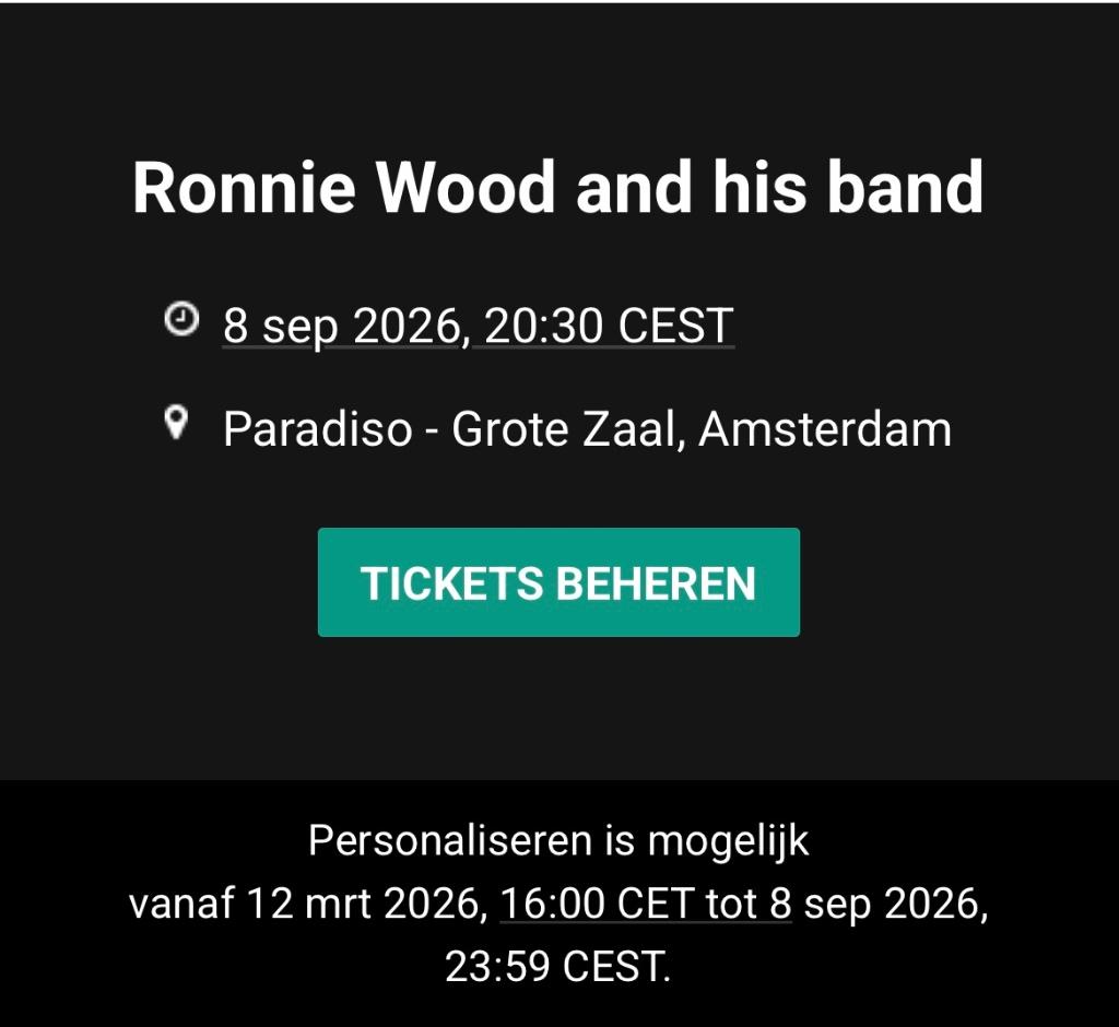 Twee tickets voor Ron Wood, Paradiso 8 september, Twee personen, September