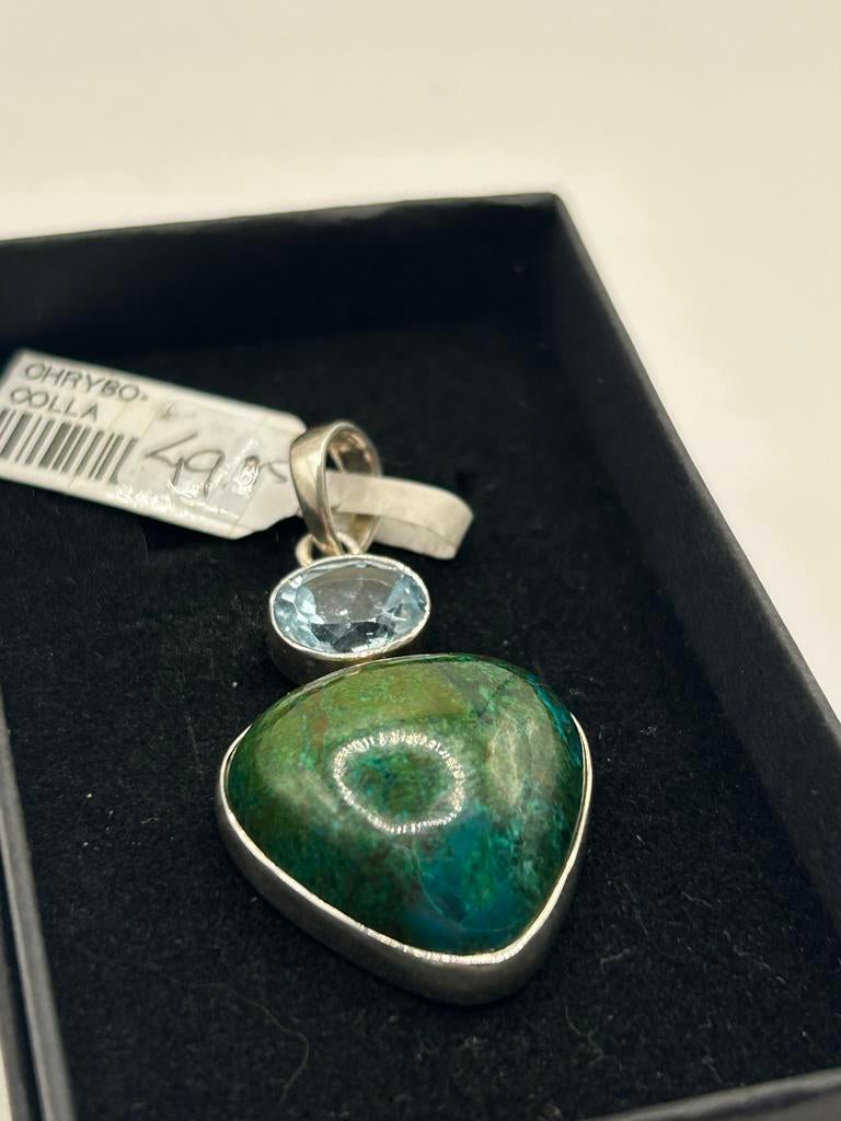 Chrysocolla en aquamarijn hanger, Overige voorstellingen, Ophalen of Verzenden, Zo goed als nieuw, Met edelsteen