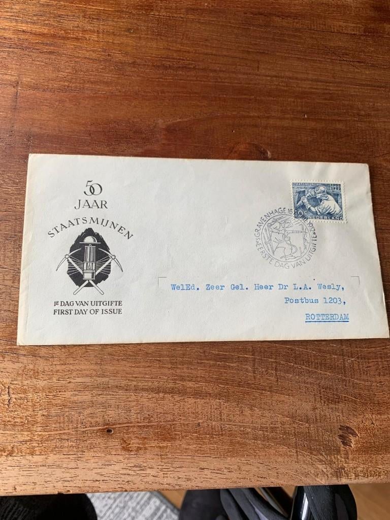 1e dag envelop 50 jaar Staatsmijnen, Ophalen of Verzenden, Gestempeld