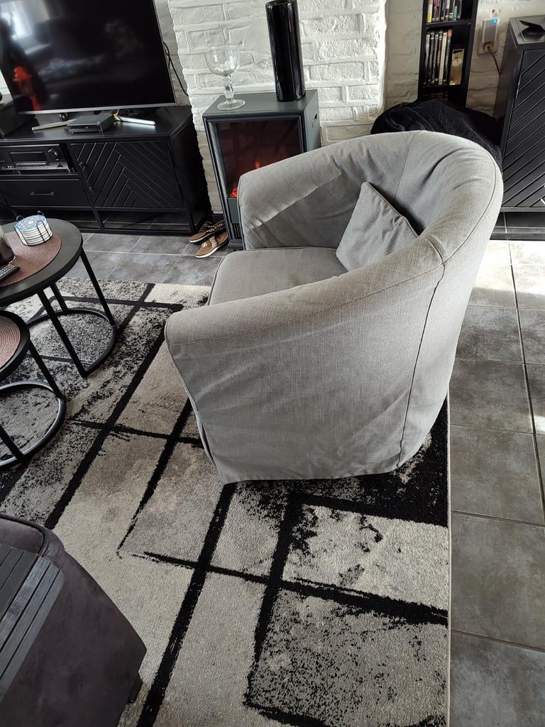 Grijze stoffen fauteuil met extra hoes en kussenhoes, Ophalen, Gebruikt, 75 tot 100 cm, 75 tot 100 cm