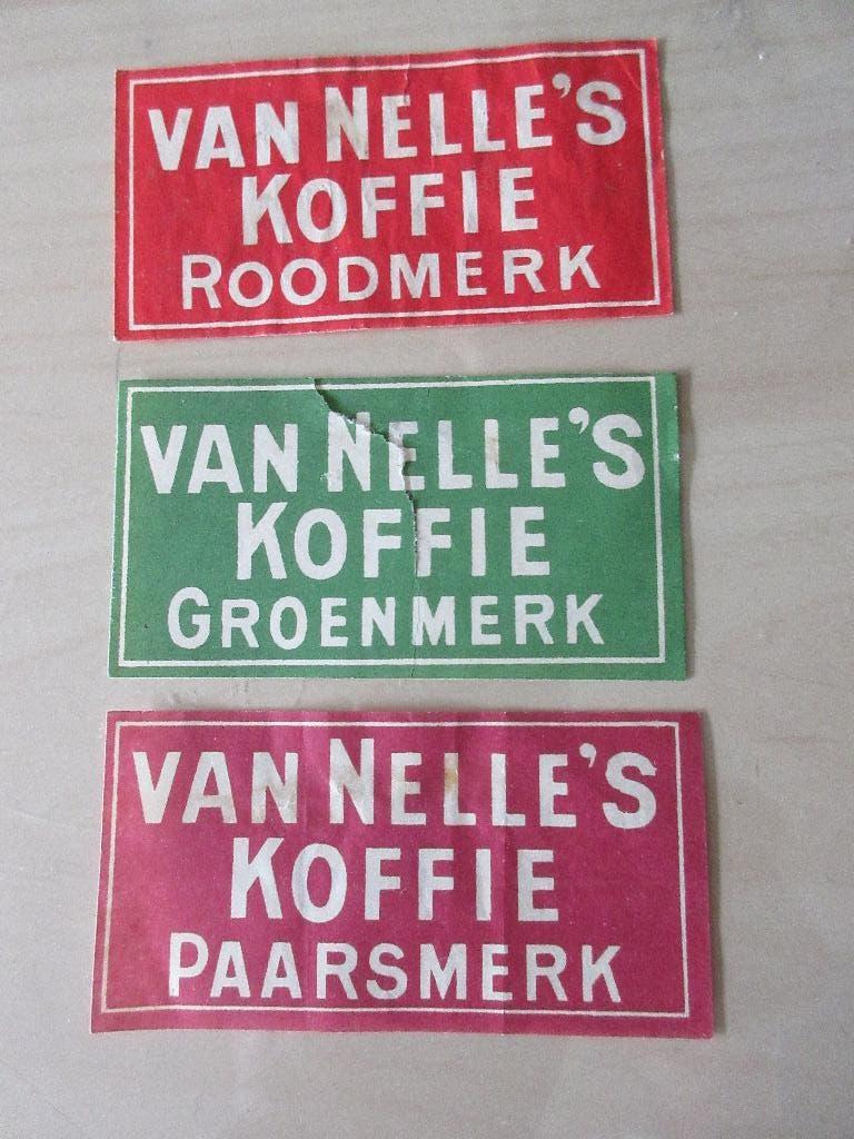 3 oude Van Nelle koffielabels.groenmerk,roodmerk,paarsmerk., Verzamelen, Ophalen of Verzenden, Zo goed als nieuw, Verpakking