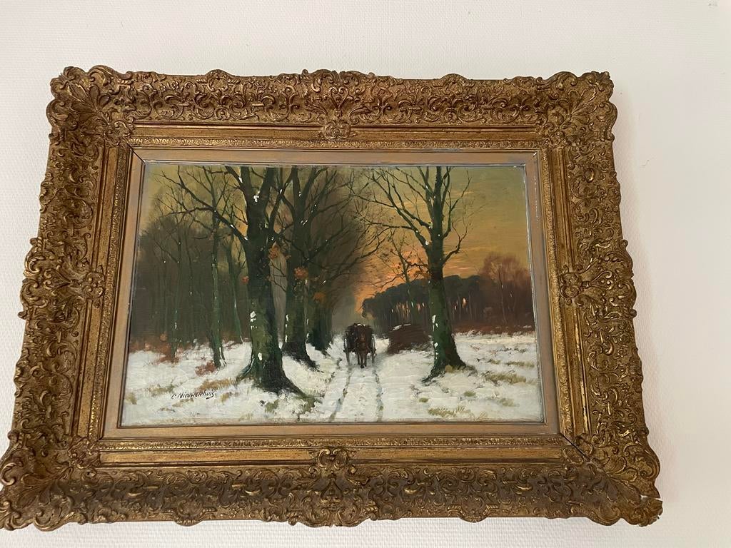 Schilderij: Winterlandschap met paard en wagen nieuwenhuis, Antiek en Kunst, Ophalen