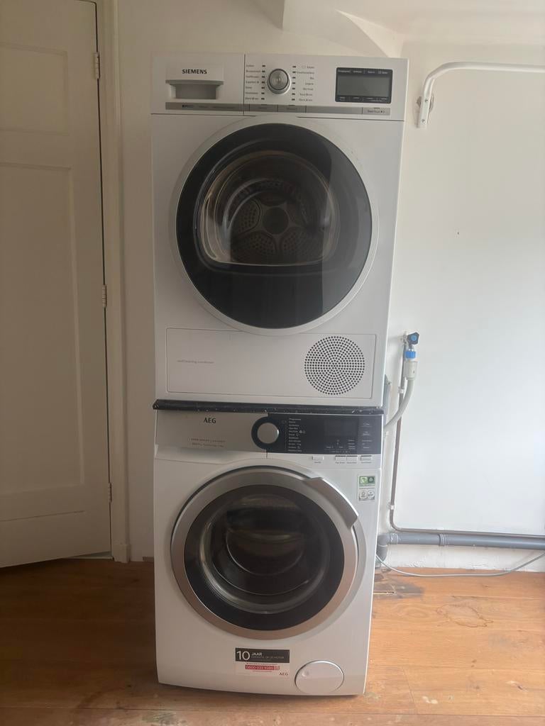 Siemens wasdroogcombinatie met AEG wasmachine, 6 tot 8 kg, Ophalen, Zo goed als nieuw, 85 tot 90 cm