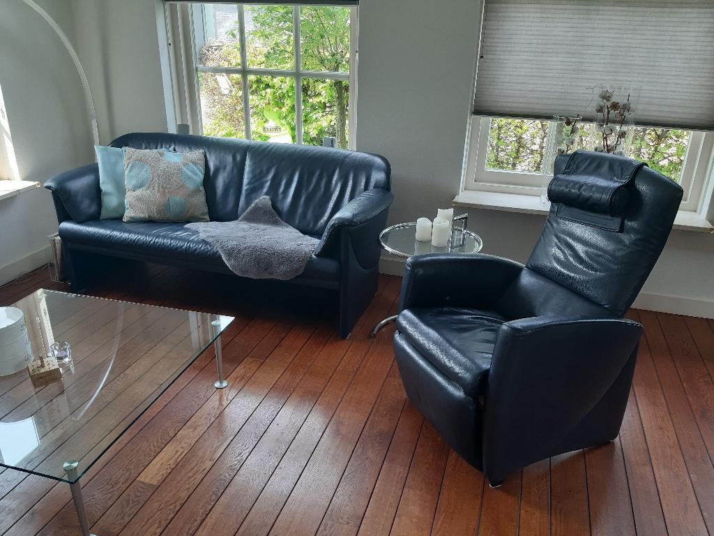 Jori design lederen bank & ligfauteuil - donkerblauw, Ophalen, 150 tot 200 cm, Driepersoons, Zo goed als nieuw