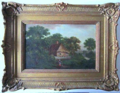 gesigneerd==c a 1800===op koper=boerderij tussen bomen=, Ophalen of Verzenden