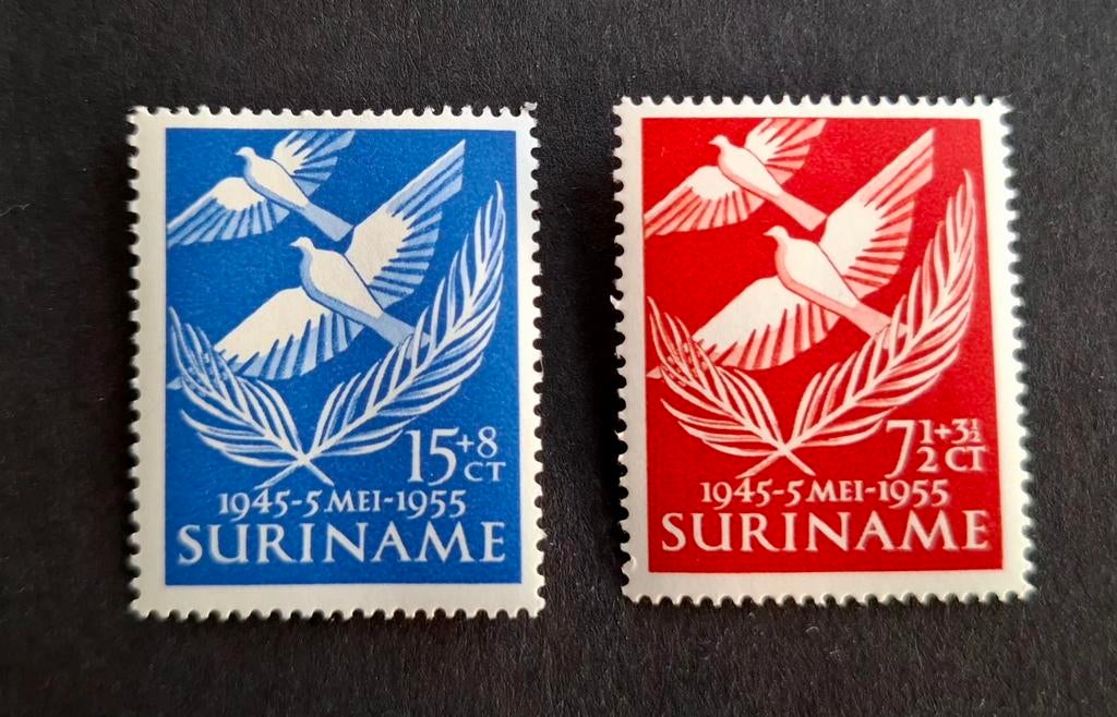 Suriname 1955 321-322 10 jaar bevrijding van Nederland Ongeb, Postzegels en Munten, Ophalen of Verzenden