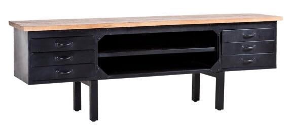 Industrieel tv-meubel dressoir zwart staal met mango hout, Ophalen, Teakhout, 150 tot 200 cm, Zo goed als nieuw