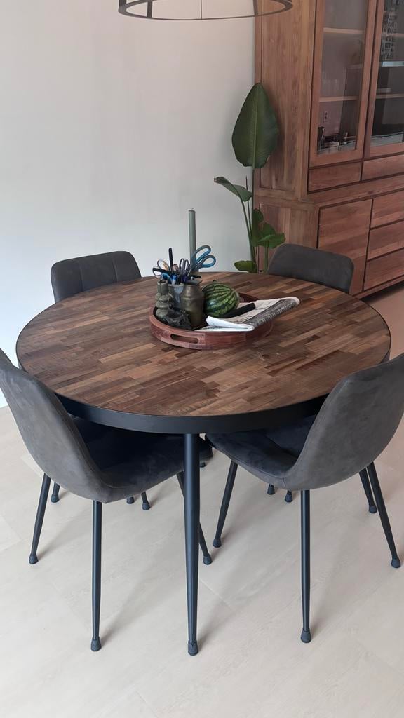 Ronde eettafel (120cm) met houtlook en 4 stoelen, Ophalen, Gebruikt, 100 tot 150 cm, Rond