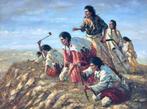 Schilderij indianen op de uitkijk 90x120cm, Antiek en Kunst, Kunst | Schilderijen | Klassiek, Ophalen of Verzenden
